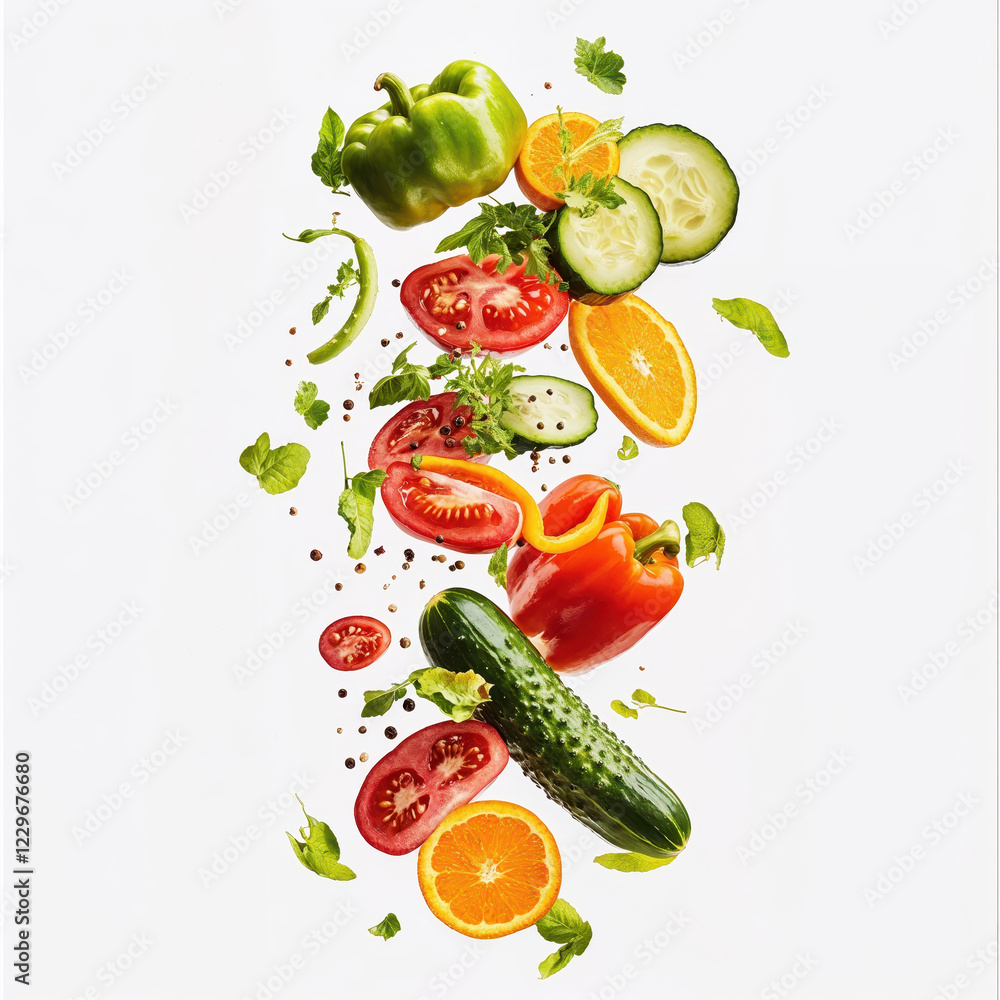 Fresh vegetables and fruits falling on white background Fresh vegetables and fruits falling on white background