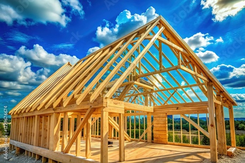 New Construction Timber Frame Gable Roof Closeup, Humble TX - Aerial View photo