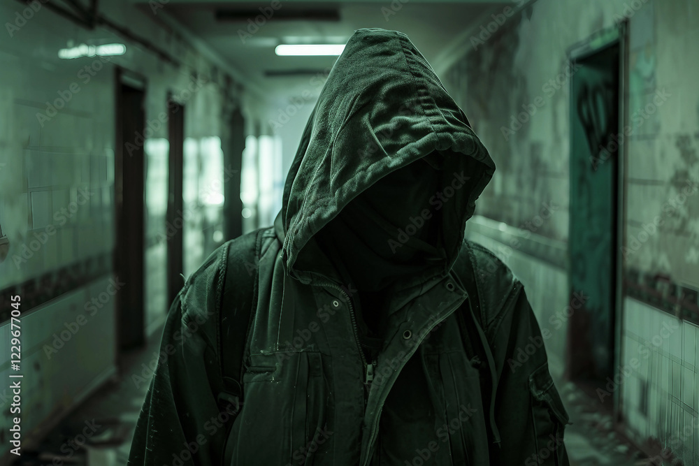 Hooded Maniac in Dark Abandoned Hallway with Sinister Atmosphere Generative AI Hooded Maniac in Dark Abandoned Hallway with Sinister Atmosphere Generative AI