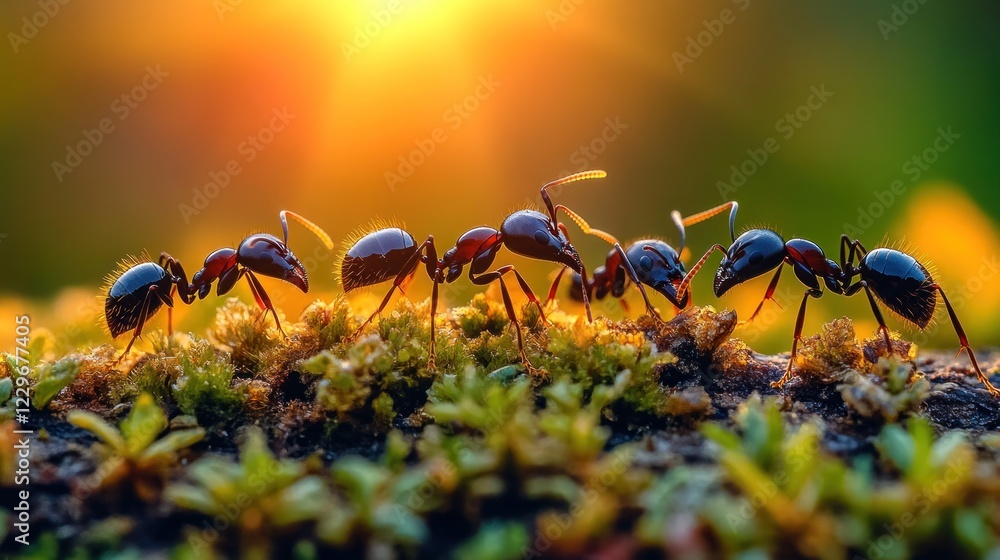 Fototapeta premium Five ants on moss at sunset.
