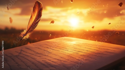 Sunset Inspiration: Feather Floating Over a Blank Page