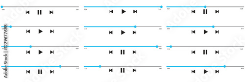 audio or video player progress loading bars with time slider, play and pause, rewind and fast forward buttons. Templates of media player playback panel interface. Vector illustration