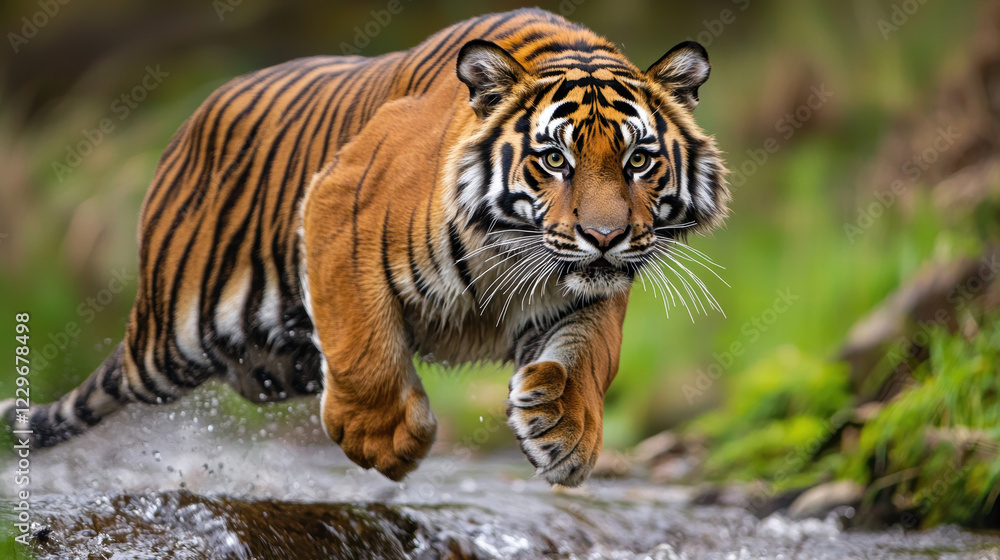 Obraz premium tiger leaping over stream, showcasing its strength and agility in lush environment