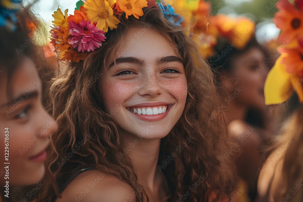 A diverse group of teenagers celebrating spring at an outdoor festival, surrounded by bright flower decorations, open area for copy A diverse group of teenagers celebrating spring at an outdoor festival, surrounded by bright flower decorations, open area for copy