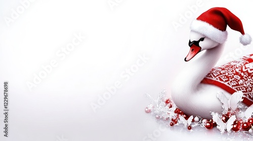Fototapeta Naklejka Na Ścianę i Meble -  White swan wearing Santa hat and red sweater amidst Christmas decor on white background.