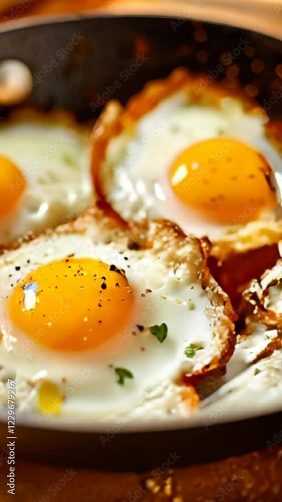 Video of delicious fried sunny-side-up eggs in a pan seasoned with salt ground pepper and fresh herbs. Healthy nutritious breakfast Video of delicious fried sunny-side-up eggs in a pan seasoned with salt ground pepper and fresh herbs. Healthy nutritious breakfast