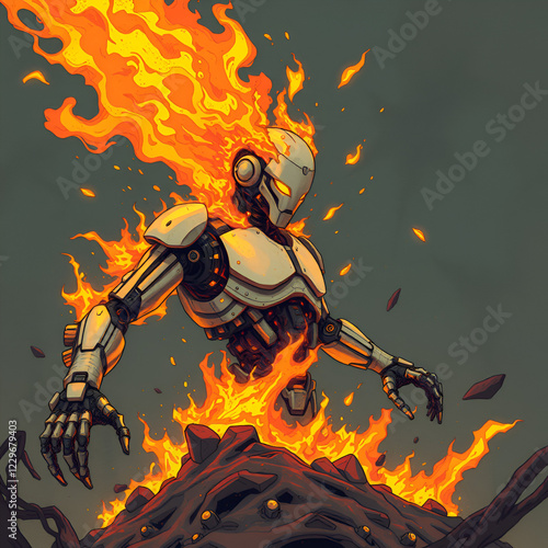 Fiery dissolution of a robotic being. Oblivian. Illustration photo