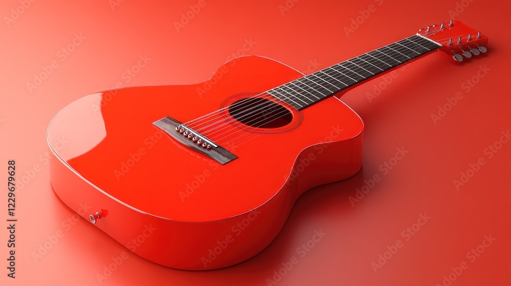 Fototapeta premium Vibrant red acoustic guitar on red background.