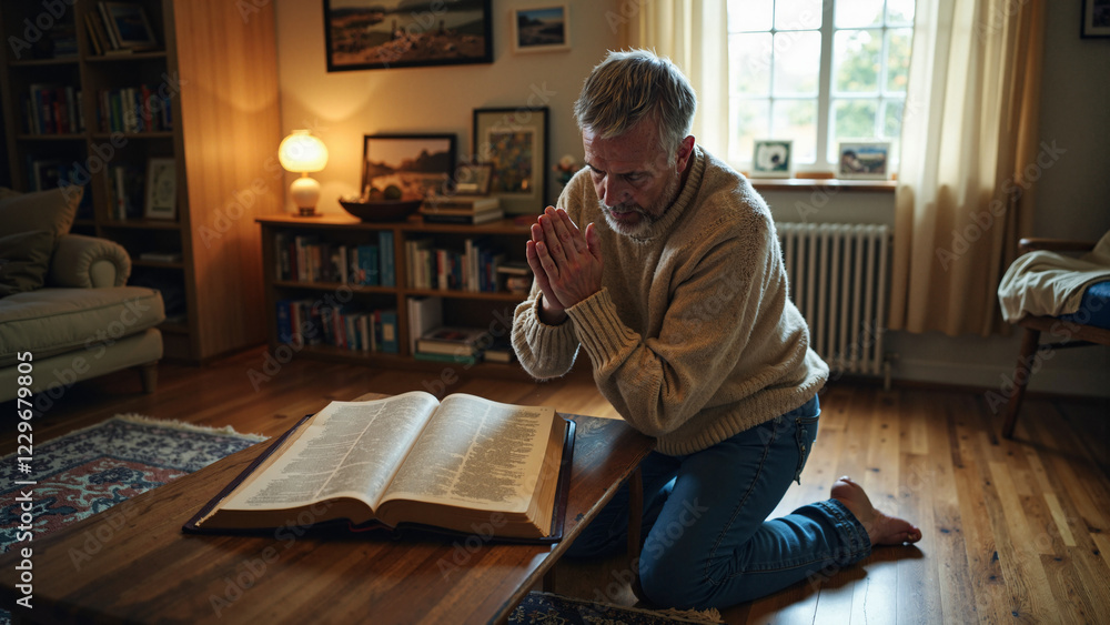A Devout Man Kneeling in Prayer with Open Bible, Ideal for Faith-Based Publications, Church Promotions, and Inspirational Media A Devout Man Kneeling in Prayer with Open Bible, Ideal for Faith-Based Publications, Church Promotions, and Inspirational Media