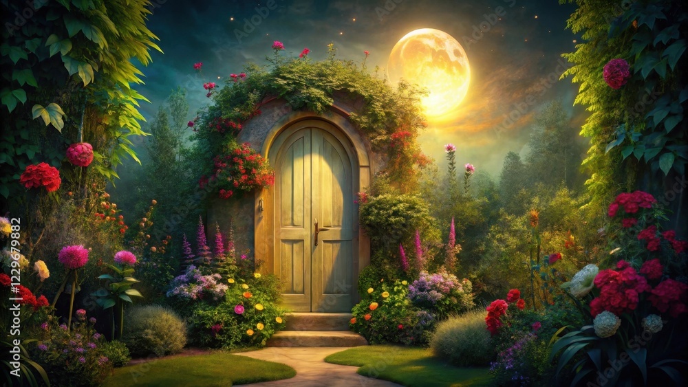 Fototapeta premium Enchanted Garden Gateway A Serene Night Scene with a Wooden Door, Moonlit Blooms, and Lush Greenery