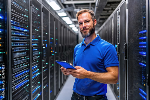 Fototapeta It engineer using tablet and working in modern data center