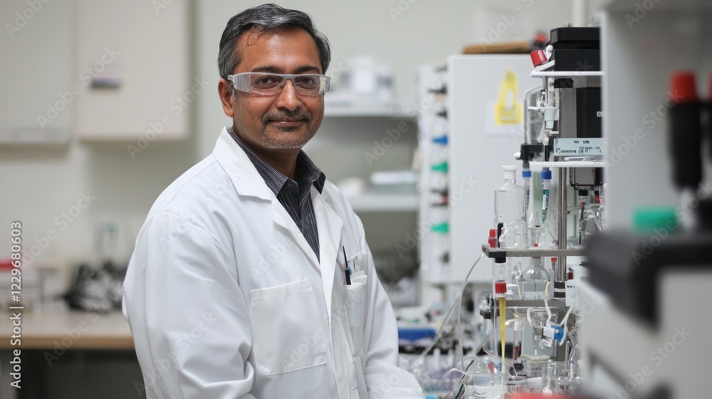 A biomedical engineer conducting research on tissue engineering, with scientific equipment and a white background. A biomedical engineer conducting research on tissue engineering, with scientific equipment and a white background.