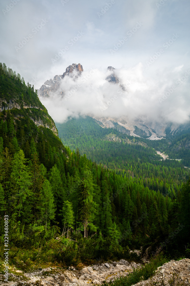 Mountain trail in the Dolomites (Dolomiti, Dolomiten), Italy, leading to Lago Sorapis. The path winds along rocky slopes with stunning views of valleys, forests, and peaks