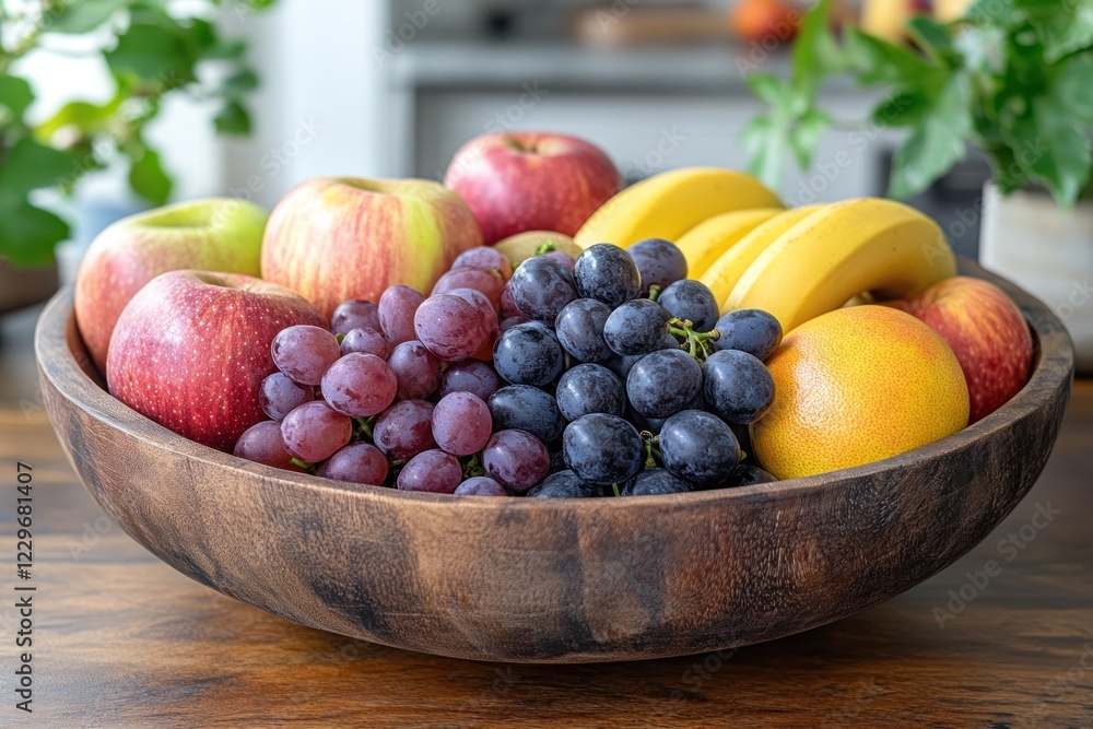 Fresh fruits in wooden bowl on kitchen table Fresh fruits in wooden bowl on kitchen table