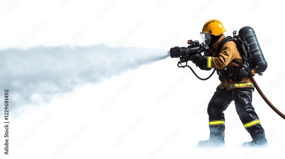 Firefighter operating a heavy-duty industrial water cannon, powerful water jet, white background isolation. Firefighter operating a heavy-duty industrial water cannon, powerful water jet, white background isolation.