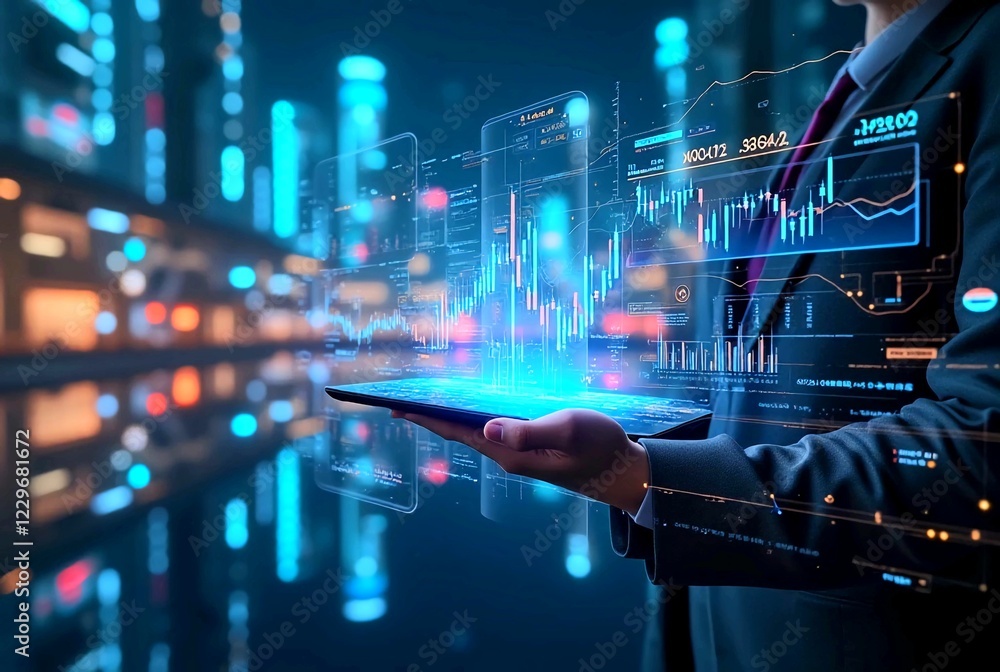 Fototapeta premium Businessman in suit holding futuristic tablet that projects glowing holographic display of financial charts, stock market data and digital . High tech, digital financial and futuristic aesthetics