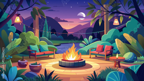 Lavish campfire setting with bespoke seating options, surrounded by greenery and evening lights, perfect for gatherings and relaxation