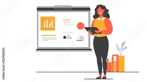 A human resources coordinator organizing training sessions, with presentation materials and a white background.