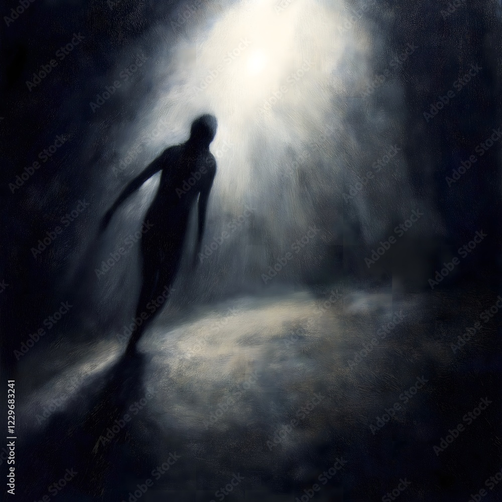 Obraz premium Shadowy Figure: A solitary silhouette emerges from the darkness, bathed in a single beam of light. The figure's elongated shadow stretches ominously, adding a sense of mystery.