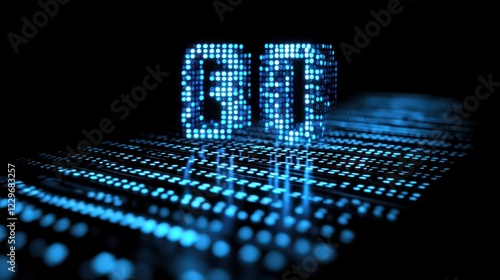 Glowing digital 'QD' on a dark, data-filled background. photo