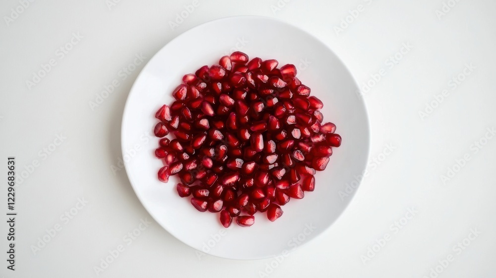 A minimalist plate of fresh pomegranate seeds, neatly arranged in a simple pattern on a plain white ceramic plate, Pomegranate seeds centered A minimalist plate of fresh pomegranate seeds, neatly arranged in a simple pattern on a plain white ceramic plate, Pomegranate seeds centered