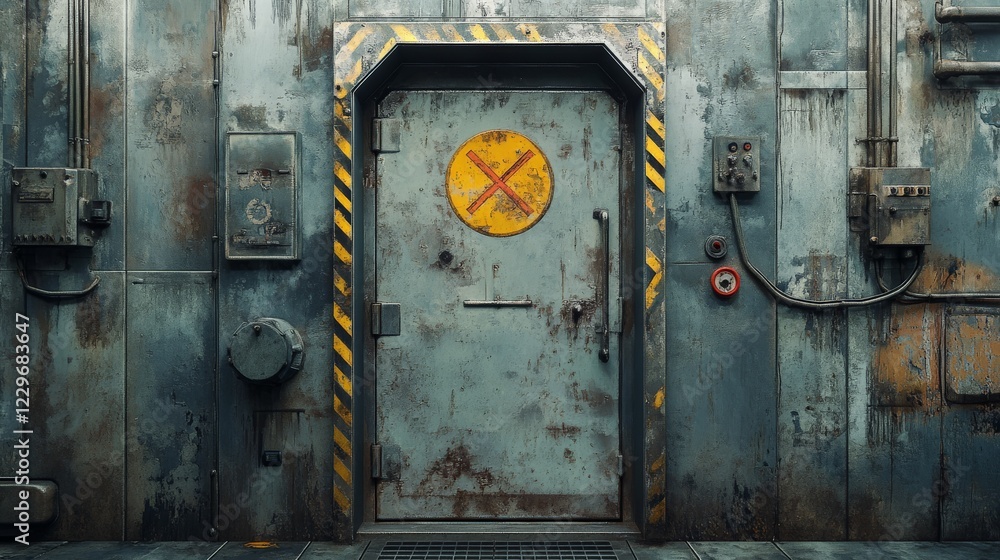 Fireproof industrial bunker door with emergency firefighting symbols, high-resolution, technical details emphasized. Fireproof industrial bunker door with emergency firefighting symbols, high-resolution, technical details emphasized.