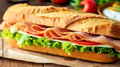 Video of delicious homemade pastrami sandwich with turkey tomatoes and lettuce in fresh baguette. Traditional American lunch