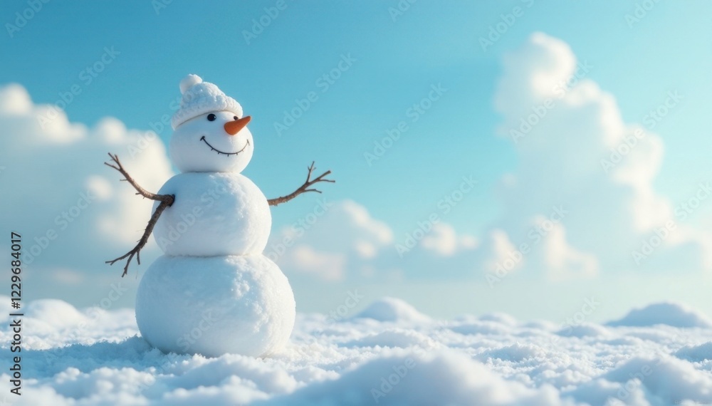 Tiny snowman on a light blue sky with fluffy white clouds, light, sky, wintry Tiny snowman on a light blue sky with fluffy white clouds, light, sky, wintry