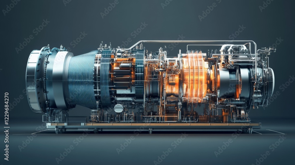 Heat recovery system integrated with an industrial turbine, labeled cutaway view, sharp professional render. Heat recovery system integrated with an industrial turbine, labeled cutaway view, sharp professional render.