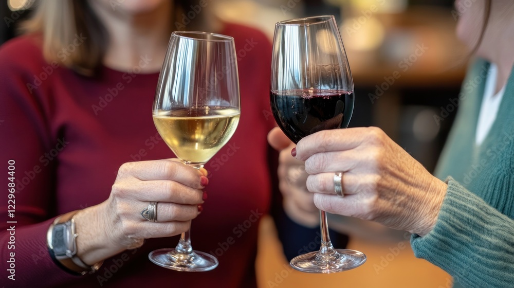Two women toasting with glasses of white and red wine. Two women toasting with glasses of white and red wine.