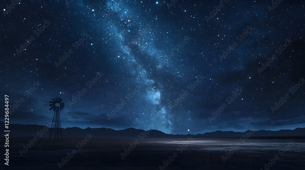 Naklejka premium Solitary Windmill Under Starry Sky in an Open Landscape at Night