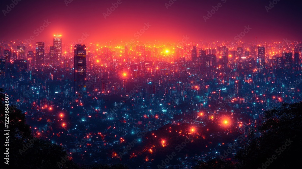 Obraz premium Night cityscape, red and blue lights, urban panorama, high angle view.