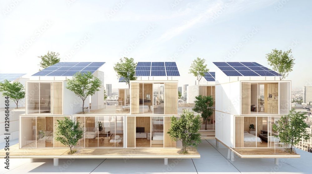 Fototapeta premium Eco-friendly modular homes with solar panels and rooftop gardens in a city.
