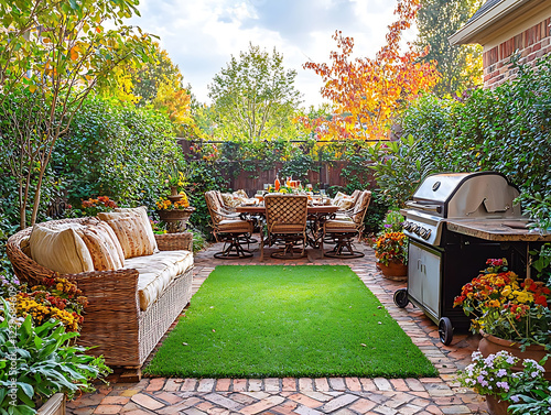 Inviting autumnal backyard scene wicker sofa, dining table set for a meal, gas grill,  lush foliage.  Perfect for autumn gatherings, home decor, or lifestyle imagery. photo