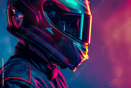 Professional racing team lineup in helmets and gear, showcasing unity and determination in motorsport, generative AI