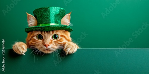 St. Patrick's Day concept, a happy, smiling and laughting cat in a green hat and peeking over the edge of a blank banner with a copy space area on a flat background. The funny pe photo