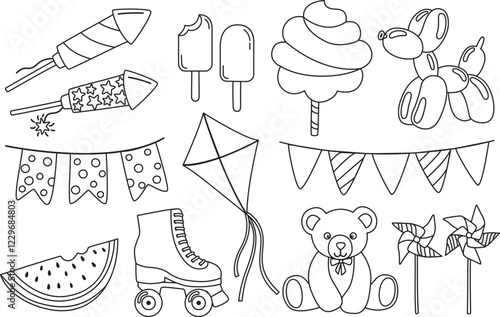 Doodle set with elements on the theme of fun fairs and summer entertainment. Linear illustration with cotton candy, fireworks, flags, windmills, kite and more	