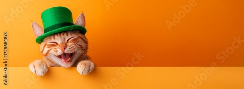 St. Patrick's Day concept, a happy, smiling and laughting cat in a green hat and peeking over the edge of a blank banner with a copy space area on a flat background. The funny pe photo