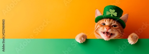 St. Patrick's Day concept, a happy, smiling and laughting cat in a green hat and peeking over the edge of a blank banner with a copy space area on a flat background. The funny pe photo