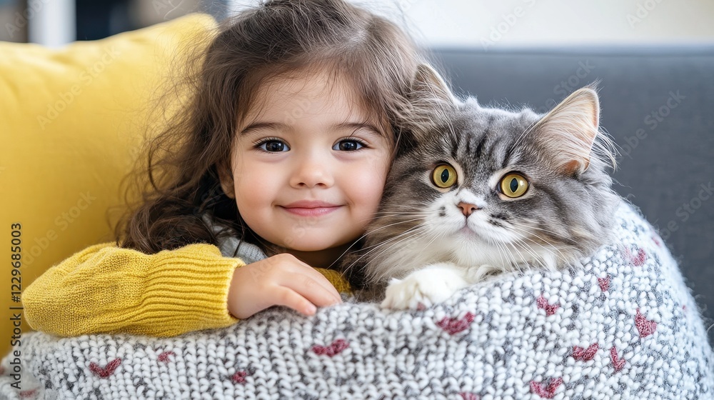 A smiling girl cuddles a fluffy cat on a cozy blanket, radiating warmth and joy in a bright, inviting home setting. A smiling girl cuddles a fluffy cat on a cozy blanket, radiating warmth and joy in a bright, inviting home setting.