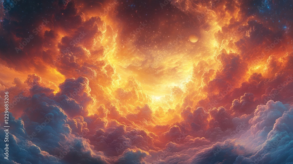 Fiery celestial cloudscape with a radiant, glowing core and distant planet. Fiery celestial cloudscape with a radiant, glowing core and distant planet.