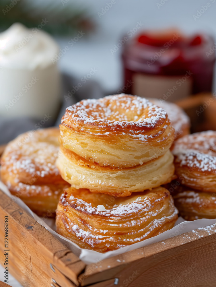Golden Puff Pastries with Powdered Sugar in Rustic Wooden Box Golden Puff Pastries with Powdered Sugar in Rustic Wooden Box