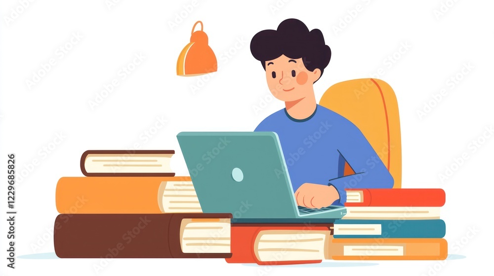 A content writer sitting at a desk, typing on a laptop, surrounded by books and notes on a clean white background. A content writer sitting at a desk, typing on a laptop, surrounded by books and notes on a clean white background.