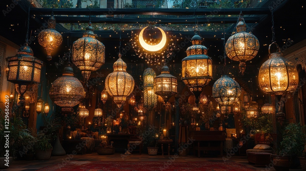 Obraz premium Illuminated Moroccan lanterns hang in a dark room, creating a magical ambiance with a crescent moon.