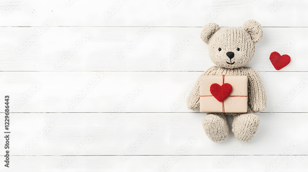 Obraz premium Teddy bear offering a gift with a heart, isolate don background with copy space for text. Happy Valentine's Day