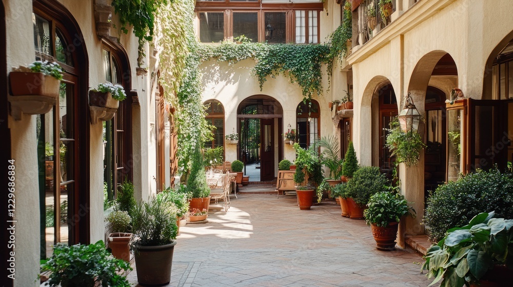 Fototapeta premium Sunlit Mediterranean courtyard with lush greenery, terracotta pots, and arched doorways.
