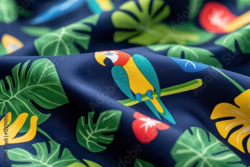 A vibrant textile featuring colorful tropical foliage and a parrot against a dark blue background, perfect for summer themes and designs. photo