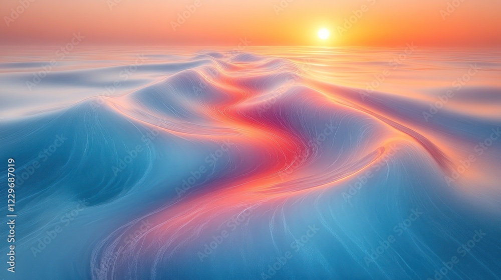 Obraz premium Abstract sunset over calm ocean waves with a glowing path.