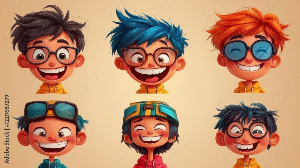 Six diverse happy cartoon boy faces with various hairstyles and eyewear. Six diverse happy cartoon boy faces with various hairstyles and eyewear.