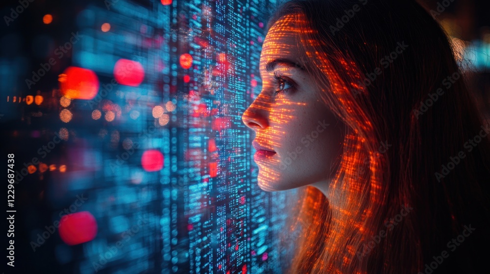 Woman's profile illuminated by digital data stream projection. Woman's profile illuminated by digital data stream projection.